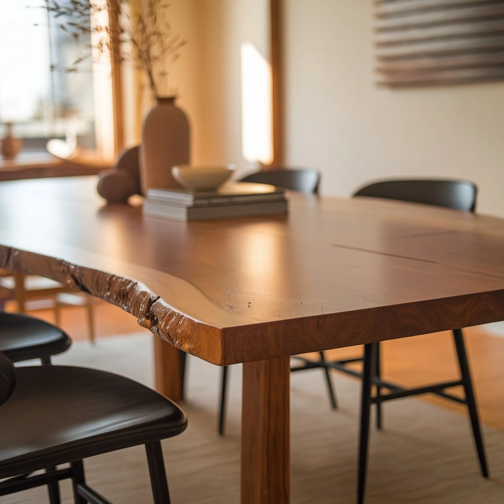 Refinished wooden dining table with glossy finish in a modern home