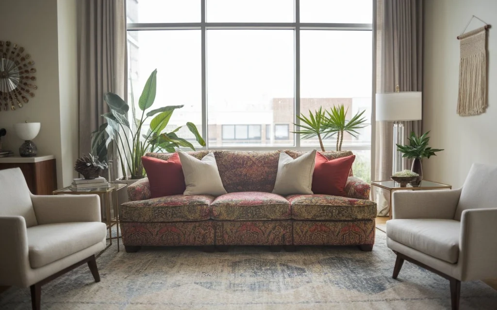 Modern living room featuring a freshly reupholstered couch with colorful fabric and stylish cushions.