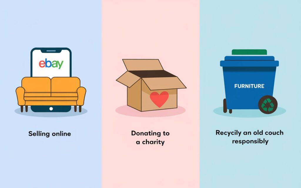 Options for selling, donating, or recycling an old couch