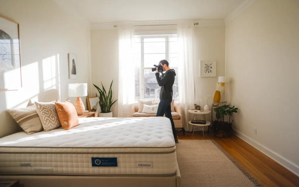 Person photographing a clean mattress in a bright bedroom for online resale