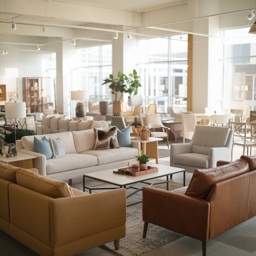 Consignment furniture store interior with sofas, chairs, and tables displayed for sale.
