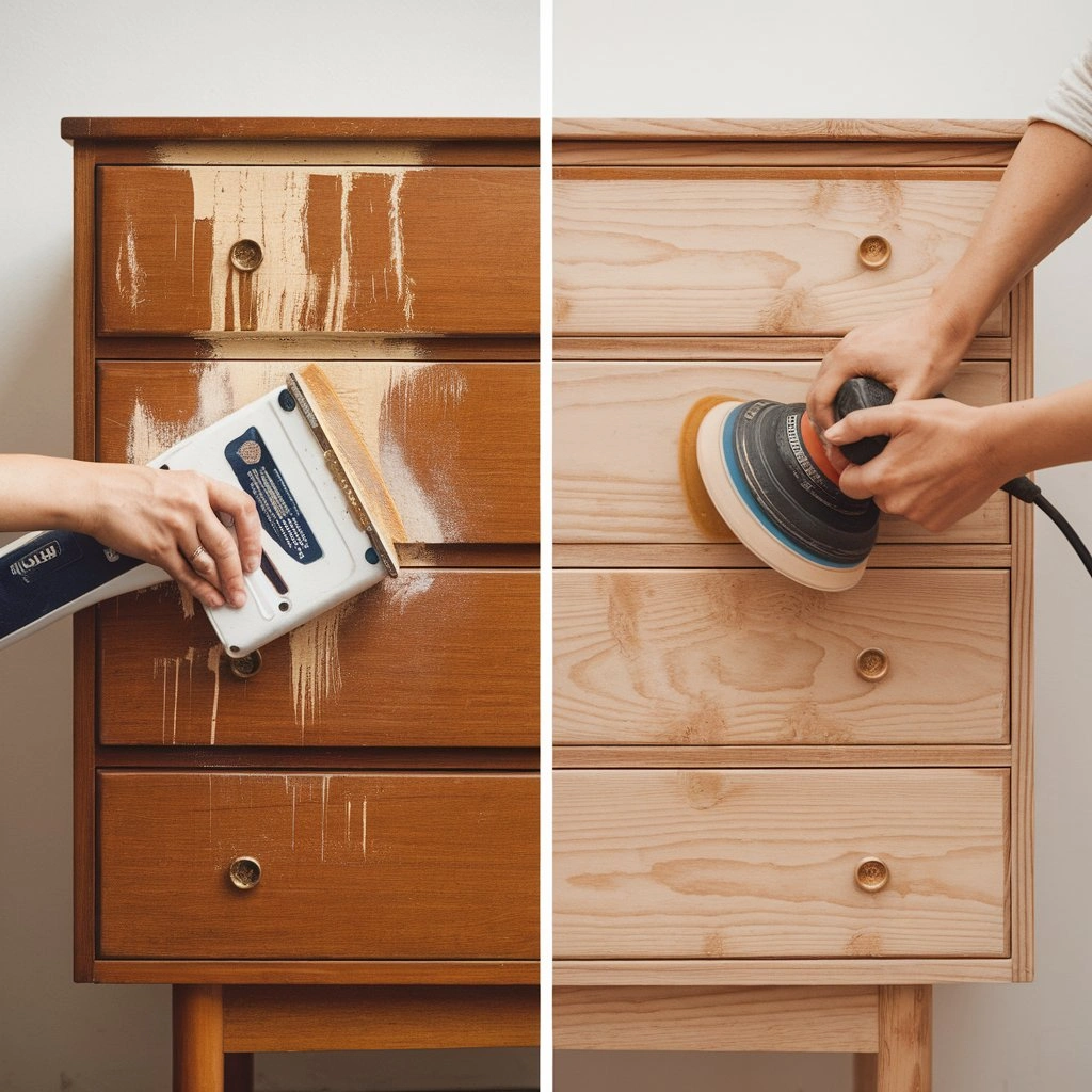 Comparison of chemical stripping and sanding methods on wooden furniture.