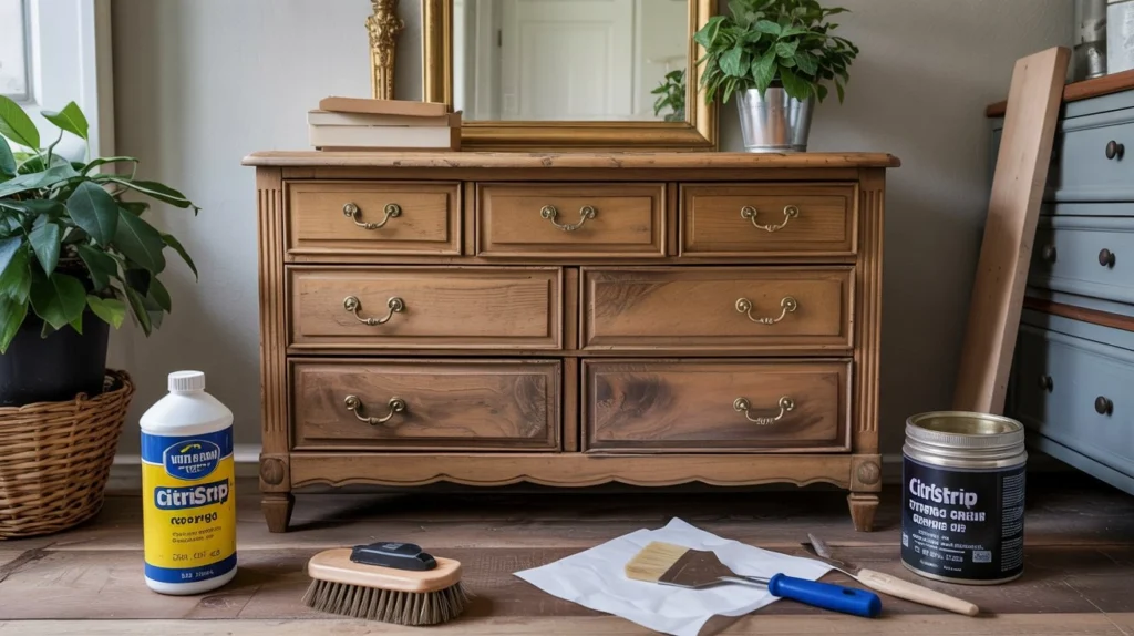 Vintage wooden dresser being stripped with safe chemical strippers and tools for restoration.