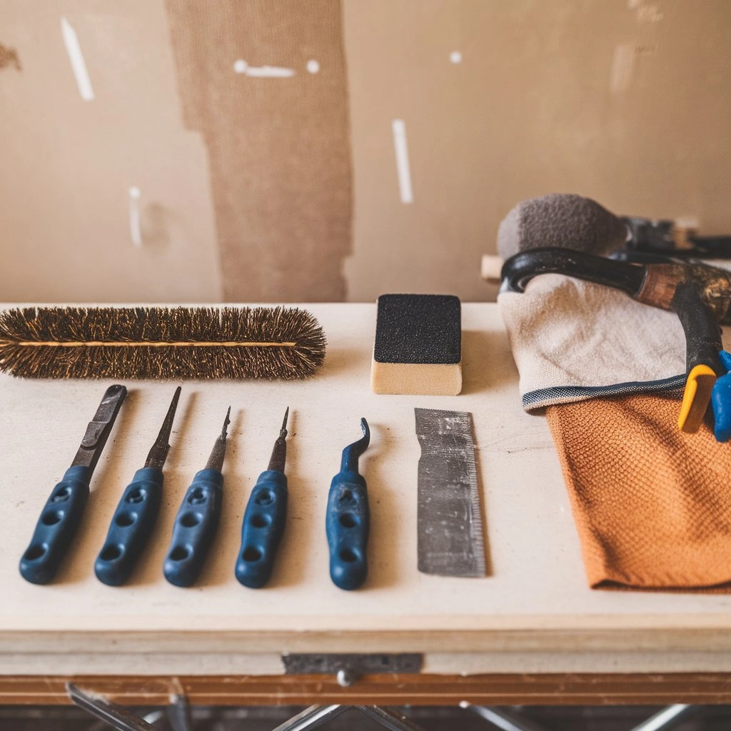 Essential tools and materials for stripping wood furniture displayed neatly.