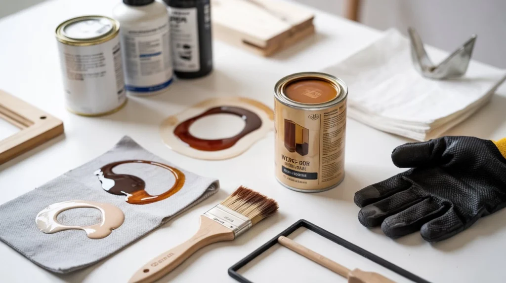 Tools and supplies used to refinish a wood table without stripping.