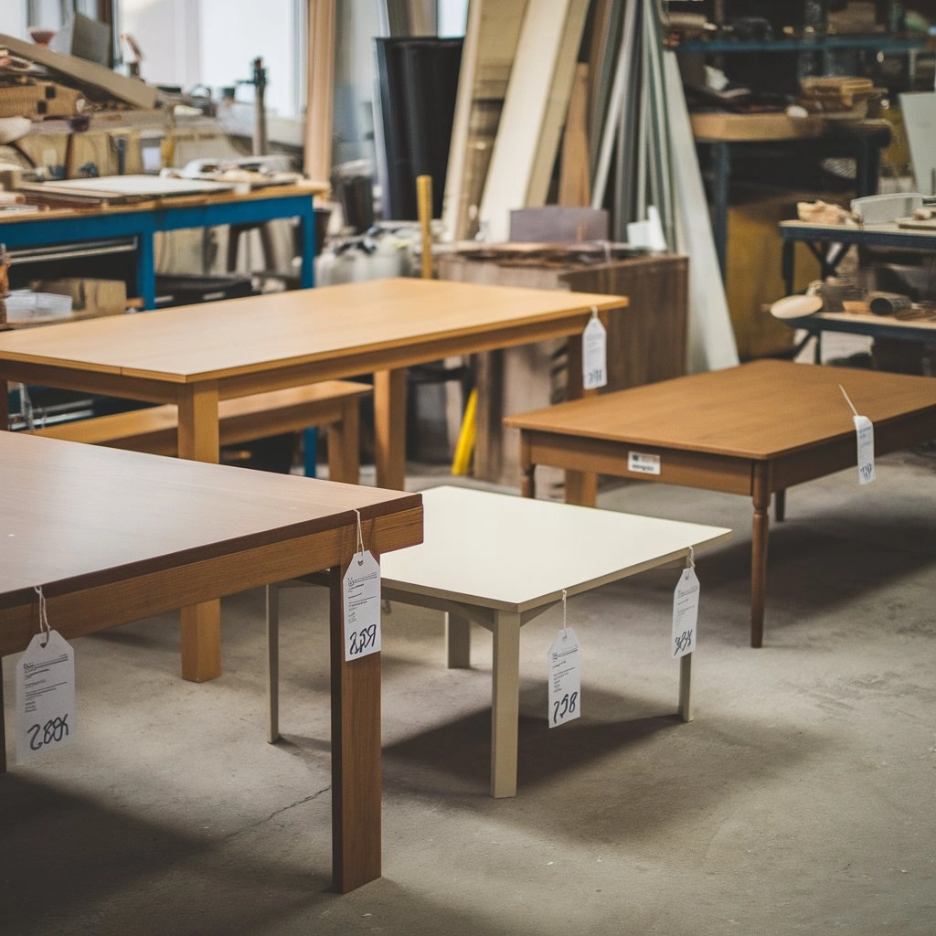 Different types of tables with estimated refinishing costs in a workshop