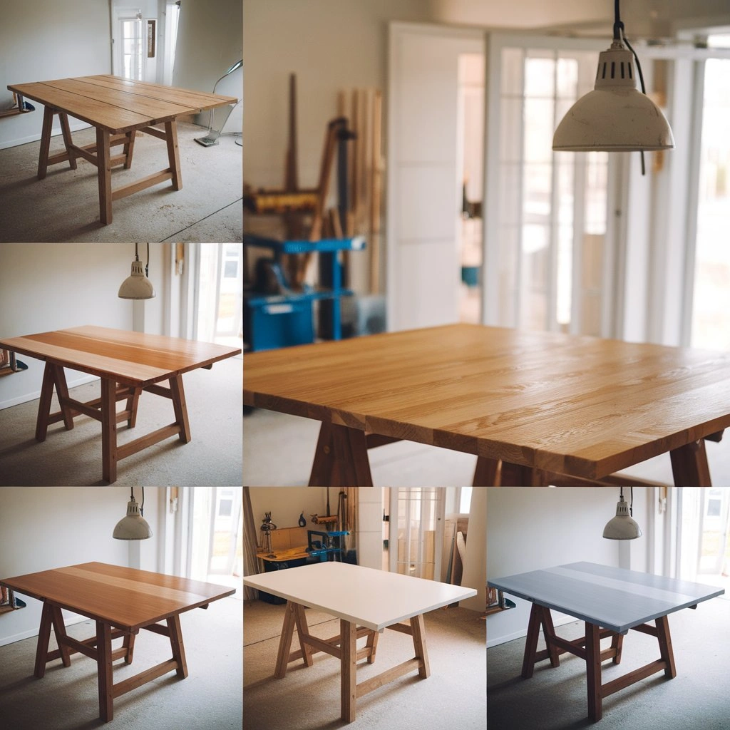 Step-by-step table refinishing process including sanding, staining, and finishing