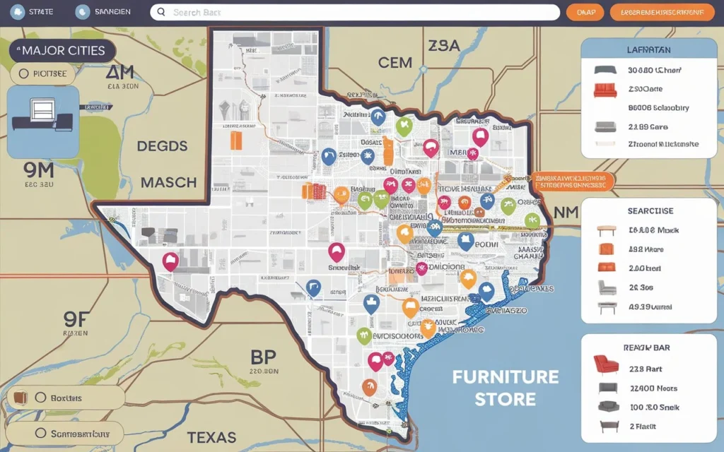 Interactive map of Texas showing furniture store locations in Houston, Dallas, Austin and San Antonio with search functionality