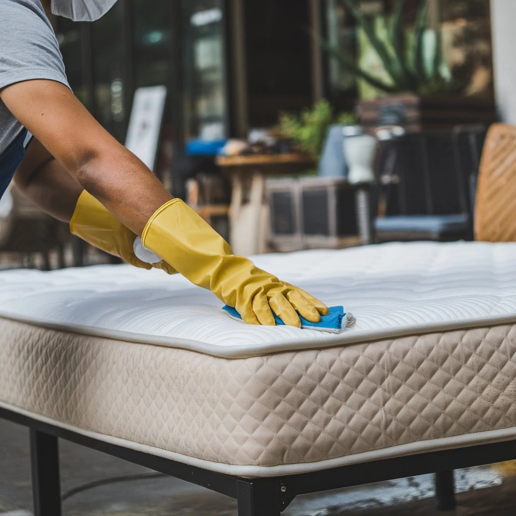 Person sanitizing and preparing used mattress for sale