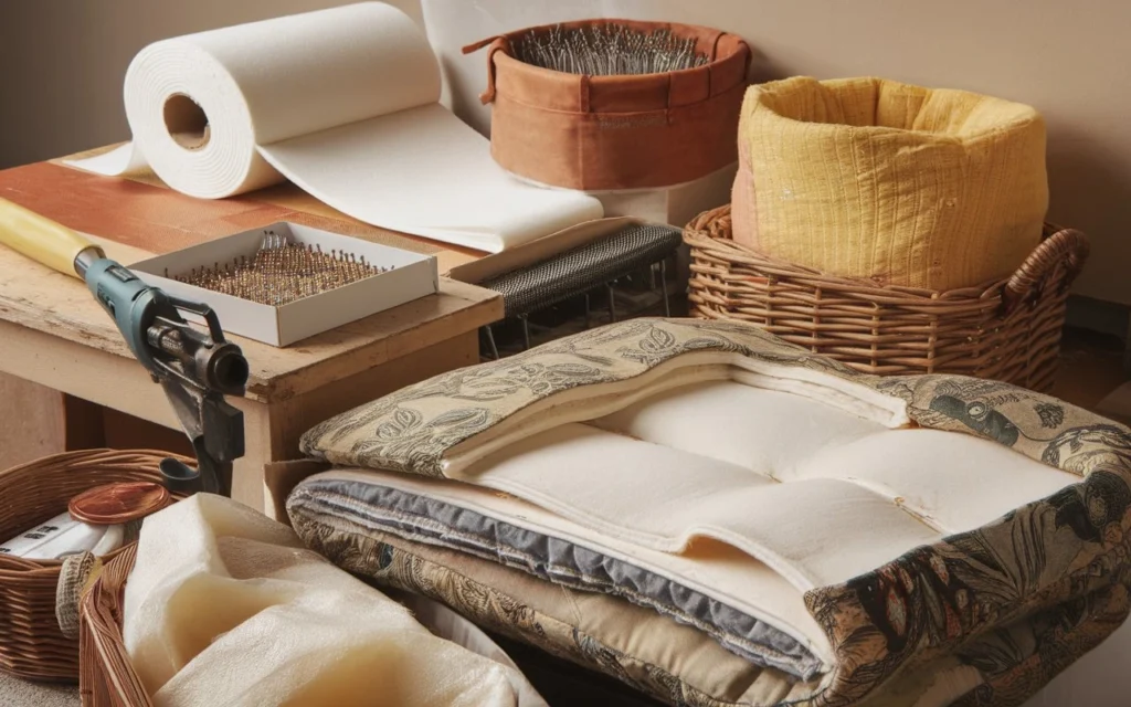Essential materials and tools for couch reupholstery including foam, batting, and staple gun.