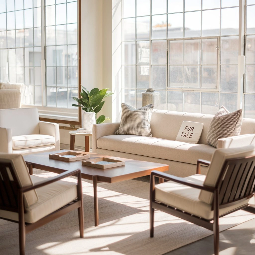 Modern living room with used furniture for sale in Los Angeles, including sofa, table, and chairs