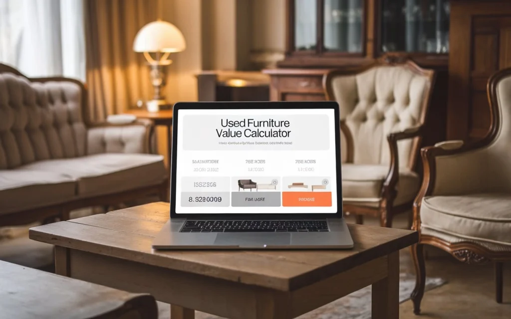 Person using an online used furniture value calculator to estimate resale price of old furniture.