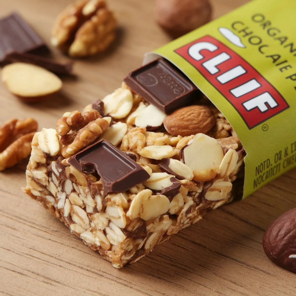 Clif Bar with visible ingredients including oats, nuts, and chocolate pieces