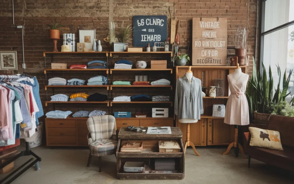 Local consignment shop interior with furniture and clothes displayed