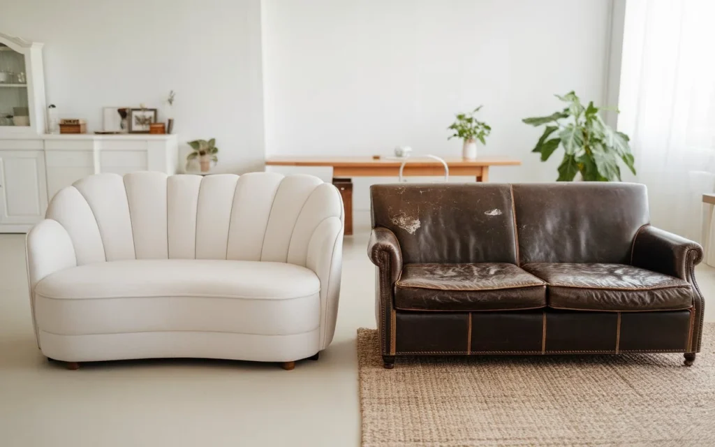 Comparison of two used couches showing condition and resale value differences