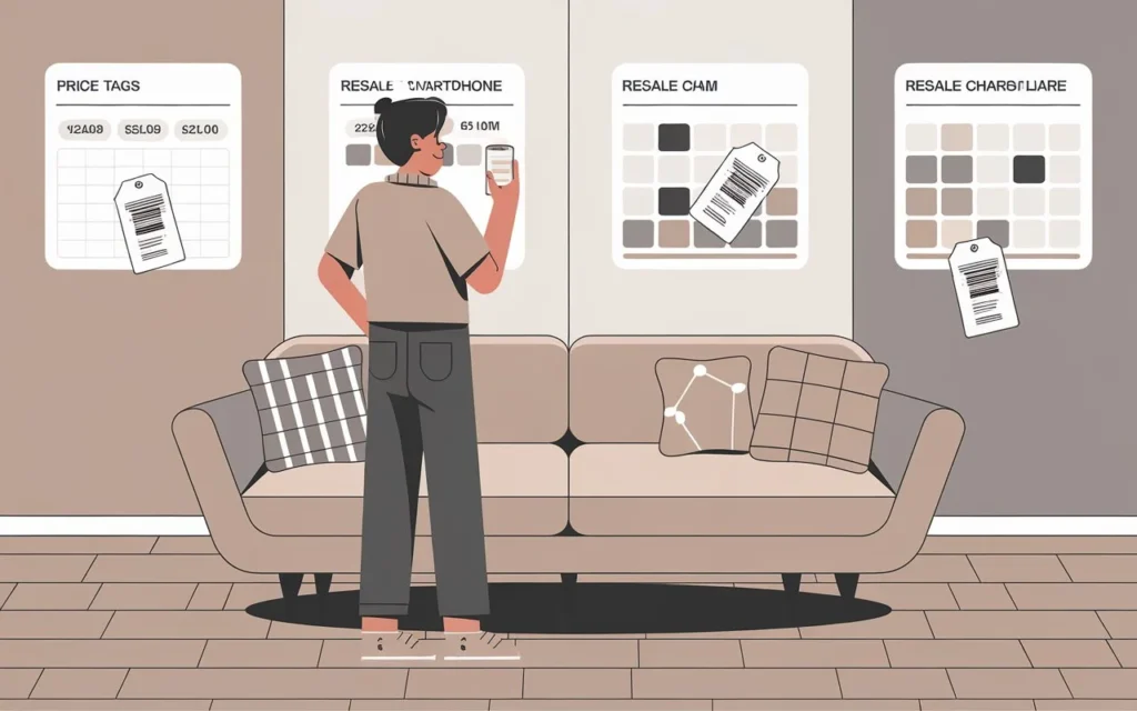 Person evaluating resale price to decide when to sell a used couch