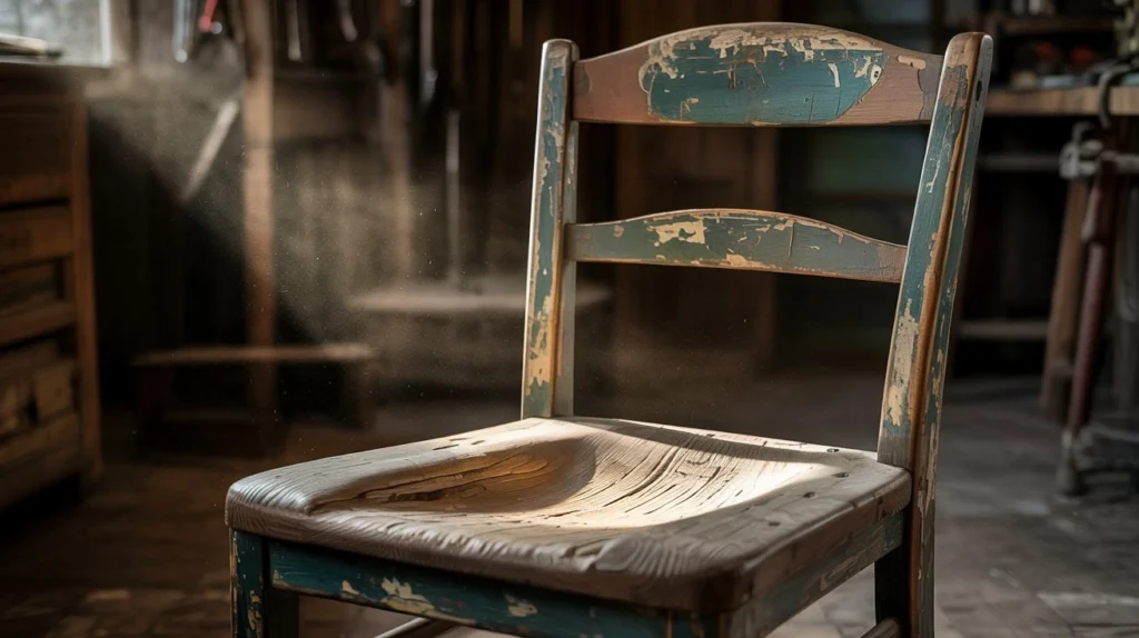 Old wooden chair showing signs it needs stripping and refinishing.