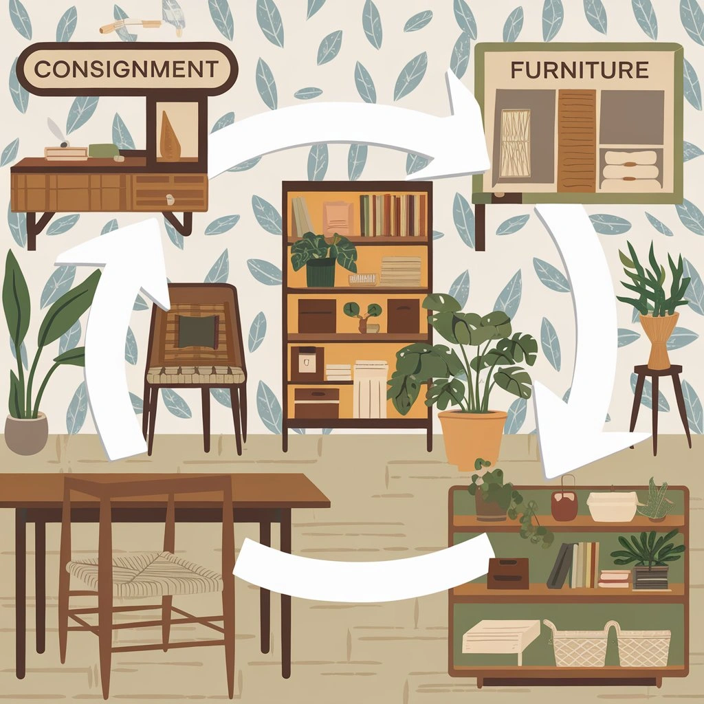 Eco-friendly furniture resale concept showing reused furniture moving to a consignment store.